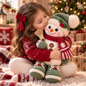May include: A crocheted snowman doll featuring a white body, two brown buttons, a green hat with a white pom-pom, a red scarf with white snowflake patterns, and green boots. The snowman holds a small wooden broom and has a bright orange nose.
