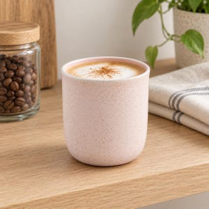 May include: A light pink ceramic mug with a speckled finish containing a hot beverage topped with white foam and a dusting of brown cinnamon powder. The mug has a smooth, cylindrical shape with a rounded base and a wide, open top rim.