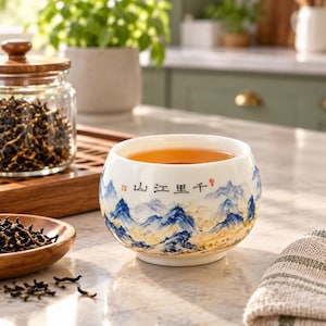 May include: A white ceramic tea cup with a rounded shape, filled with amber tea. The exterior features a hand-painted blue and gold landscape of mountains and water, with black Chinese characters and a small red stamp printed near the rim.