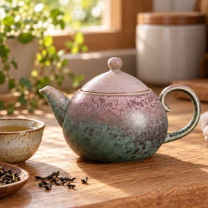 Blush and Green Ceramic Teapot, Speckled Glaze Tea Pot with Lid, Rustic Kitchen Decor, Cottagecore Tea Lover Gift, Housewarming Gift for Her