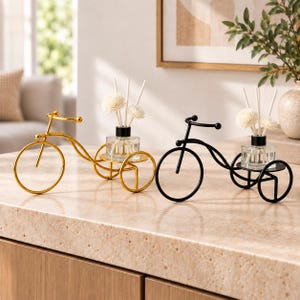 May include: Two metal bicycle-shaped stands, one gold and one black, each featuring a small circular platform holding a clear glass square diffuser bottle with a black cap and white floral-shaped reed sticks inserted into the liquid.