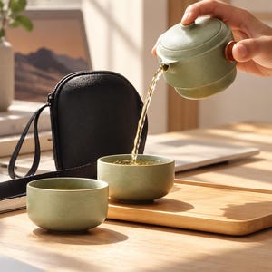 May include: A matte sage green ceramic teapot with a wooden side handle pouring tea into two matching sage green ceramic cups. A black zippered carrying case with a strap sits behind the cups, and a rectangular wooden tray holds the tea set.