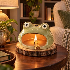 Könnte beinhalten: Ein hellgrüner Keramik-Räucherstäbchenhalter in Froschform mit großen weißen Augen und einem weit geöffneten Maul. Ein brennendes Stück Palo-Santo-Holz liegt im Maul des Frosches, der auf einer runden Holzscheibe mit sichtbarer Rinde platziert ist.