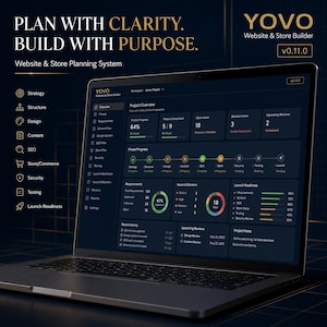 Könnte beinhalten: Ein Laptop mit der Benutzeroberfläche der YOVO Website & Store Builder Software. Das dunkel gestaltete Dashboard zeigt Projektübersichtskennzahlen, Fortschrittszeitpläne, Anforderungszahlen und Statusleisten für die Startbereitschaft.