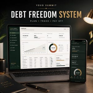May include: A laptop and smartphone displaying the Yovo Summit Debt Freedom System dashboard. The screens show financial data, including total debt remaining of $24,350.45, a 32% progress bar, payment charts, and a debt breakdown list with various accounts.