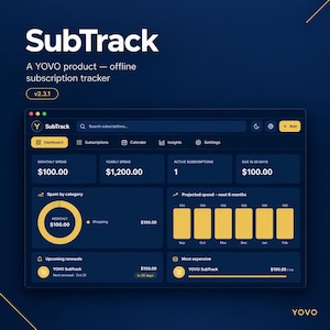 Puede incluir: Una interfaz digital azul oscuro para SubTrack, un rastreador de suscripciones sin conexión de YOVO, versión 2.3.1. El panel muestra gastos mensuales y anuales, suscripciones activas, fechas de vencimiento y gráficos de gastos proyectados.