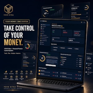 Può includere: Un computer portatile che mostra l'interfaccia del sistema di controllo delle finanze personali YOVO Sitra con estetica dark mode, accenti dorati, vari grafici di visualizzazione dati, dashboard finanziarie e sovrapposizioni di testo.