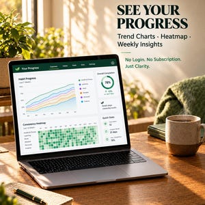 May include: A laptop displaying a habit tracking dashboard with trend charts, a consistency heatmap, and progress statistics. The screen shows text reading SEE YOUR PROGRESS, Trend Charts, Heatmap, Weekly Insights, No Login. No Subscription. Just Clarity.