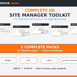 Könnte beinhalten: Ein digitales Toolkit mit dem Titel COMPLETE UK SITE MANAGER TOOLKIT, das fünf Bauverwaltungs-Pakete enthält. Die Grafik zeigt fünf Dokumentenvorschauen, ein Banner mit 5 COMPLETE PACKS, 45 bearbeitbare Seiten und 5 Excel-Arbeitsmappen.