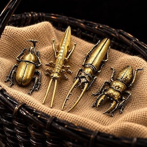 以下が含まれることがあります： 真鍮仕上げの金属製昆虫フィギュア4体。カブトムシ、細長い体のコオロギ、大きな顎を持つクワガタ、そして小さめの甲虫が、質感のあるベージュの布の上に並べられています。