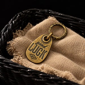 May include: A brass-toned metal keychain featuring a teardrop-shaped pendant with the embossed text good LUCK and a small geometric symbol. The pendant is attached to a circular split ring with a decorative etched pattern along its outer edge.
