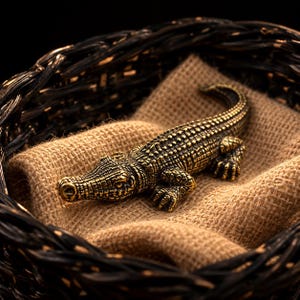 May include: A small, metallic, gold-toned alligator figurine with a highly detailed, textured surface. The sculpture features a realistic scale pattern across its back, a long tail, and four legs, capturing the creature in a resting position.
