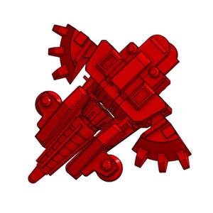 May include: A bright red mechanical toy figure featuring a central blocky torso, a pointed conical appendage, and two side attachments with gear-like teeth. The object has a rigid, angular construction with visible joints and geometric segments.