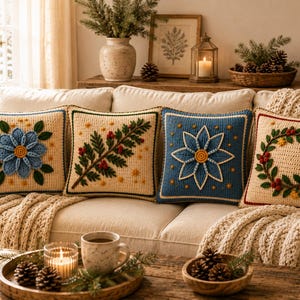 May include: Four square crochet throw pillows arranged on a sofa. The pillows feature cream and blue backgrounds with textured, raised botanical designs including blue flowers, green leaves, red berries, and a circular wreath pattern with yellow accents.