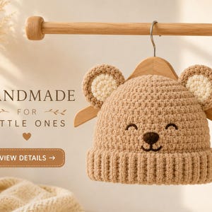 Crochet Baby Bear Hat Pattern PDF, Cozy Chenille Bear Beanie, Newborn to 24 Months, Cute Ear Hat, Instant Download