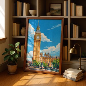 Kunstdruck „Big Ben London“, Westminster-Uhrturm, Illustration „Blauer Himmel“