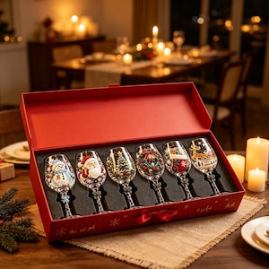 Op de afbeelding: Een set van zes wijnglazen van helder glas in een rode rechthoekige geschenkdoos. Elk glas is voorzien van een uniek handgeschilderd kerstontwerp, waaronder een sneeuwpop, de Kerstman, een kerstboom, een krans en een rendier met een slee.