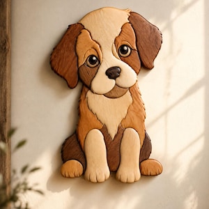 May include: A wall-mounted wooden intarsia art piece depicting a puppy with large dark eyes. The dog features a tri-color pattern with light cream, medium tan, and dark brown wood segments, showcasing a layered, three-dimensional appearance.