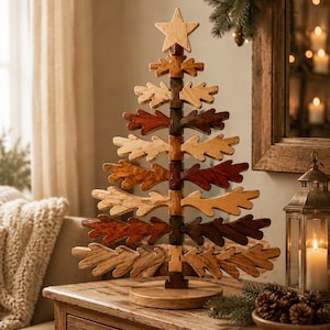 Peut inclure: Une sculpture décorative en bois en forme de sapin de Noël, composée d'un mât central vertical avec des branches horizontales en forme de feuilles de chêne. Les feuilles sont fabriquées dans diverses nuances de bois naturel, du beige clair au brun foncé, surmontées d'une étoile.