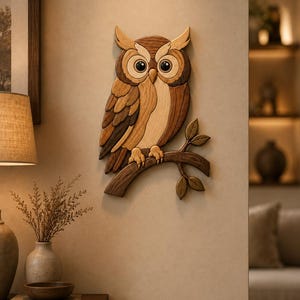 May include: A wall-mounted wooden owl decoration featuring layered wood pieces in various shades of brown and tan. The owl is perched on a curved branch with small leaves, displaying detailed feather patterns, large dark eyes, and pointed ear tufts.