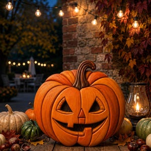 May include: A large, carved orange pumpkin with a wide, smiling face and a dark brown stem. The pumpkin features deep, textured grooves and sits on a wooden surface alongside smaller green and white pumpkins, chestnuts, and a lit glass lantern.