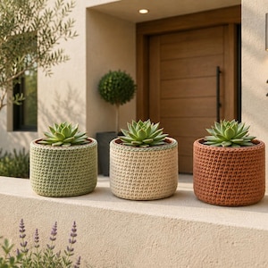 May include: Three cylindrical plant pots with a textured, crocheted exterior in sage green, cream, and terracotta orange. Each pot contains a green succulent plant with thick, pointed leaves arranged in a symmetrical rosette pattern.