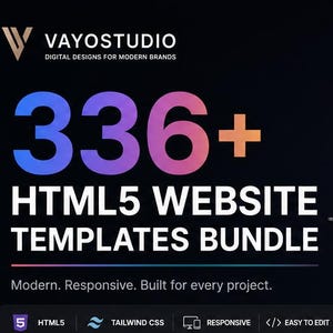 Könnte beinhalten: Eine digitale Produktpräsentation mit einem Paket von 336+ HTML5-Website-Vorlagen von Vayostudio. Die Grafik zeigt mehrere Laptop-Bildschirme mit dunkel gestalteten Web-Interfaces und Texten wie Design That Drives Results und Your Life Organized.