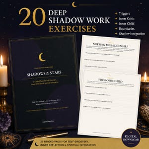 Puede incluir: Un diario de temática oscura titulado Shadows & Stars con texto dorado y un icono de luna creciente. Incluye 20 ejercicios de trabajo de sombra, páginas guiadas para el autodescubrimiento y dos hojas de trabajo tituladas Meeting the Hidden Self.