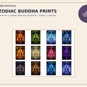 Puede incluir: Una colección de 12 impresiones de Buda del zodiaco titulada Shannen Mystica 12 Zodiac Buddha Prints, que presenta arte mural celestial con un compañero de reflexión original en inglés y español. Cada impresión muestra una figura de Buda.