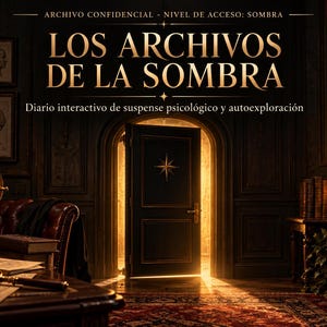 Könnte beinhalten: Ein dunkles Arbeitszimmer mit Schreibtisch, Lupe, Büchern und Globus. Eine zentrale Tür leuchtet hell. Text: ARCHIVO CONFIDENCIAL - NIVEL DE ACCESO: SOMBRA, LOS ARCHIVOS DE LA SOMBRA, Diario interactivo de suspense psicológico y autoexploración.