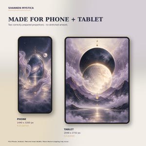 Puede incluir: Ilustración digital para teléfono y tableta de Shannen Mystica. La versión de teléfono muestra una galaxia en un marco de espejo, mientras que la tableta presenta una gran luna sobre montañas y agua. Texto: MADE FOR PHONE + TABLET.