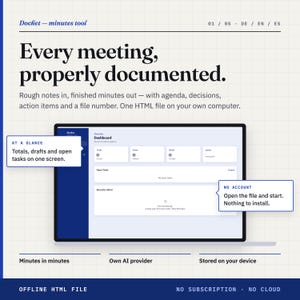 Op de afbeelding: Een digitale interface voor een notuleringstool genaamd Docket. Het scherm toont een dashboard met secties voor totalen, concepten en openstaande taken. De tekst bevat Every meeting, properly documented en Offline HTML file.