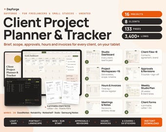 Freelancer Client Tracker, GoodNotes Project Planner, Hours and Invoices