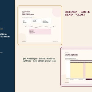 Può includere: Un sistema digitale di tracciamento dei regali di nozze intitolato Nikah + Walima Thank-You System. Include otto schede, trenta schede di suggerimento modificabili e un layout per registrare regali, messaggi, proprietari e follow-up con il testo RECORD WRITE SEND CLOSE.