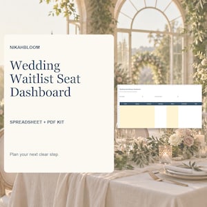 May include: A digital product display featuring the text NIKAHBLOOM Wedding Waitlist Seat Dashboard SPREADSHEET + PDF KIT and Plan your next clear step. A small preview of a table with columns for Name, Contact, Category, Attendance, Status, Dietary, and Note is shown.