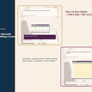 May include: A digital bridal skincare planner with a dark blue sidebar and cream background. It features text including "Track Your Records Across Wedding Events," "TRACK RECORDS + PREPARE THE HANDOFF," and "products + appointments + patch-test log."