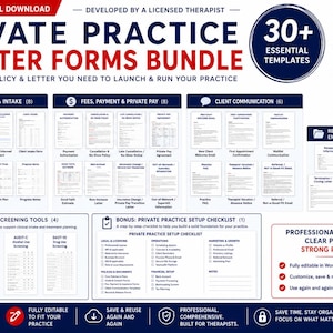 May include: A digital bundle of over 30 professional practice starter forms for therapists, including intake, payment, and client communication templates. The document set features sections for assessments, screening tools, and a setup checklist, all editable in Word and Google Docs.