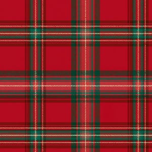 May include: A textile pattern featuring a vibrant red background with a classic plaid design. The pattern consists of intersecting horizontal and vertical lines in dark green and thin, light cream-colored stripes that create a grid effect.