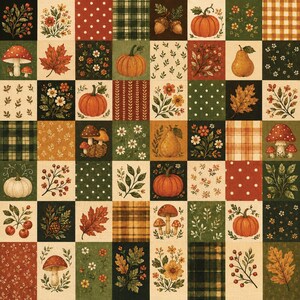 Könnte beinhalten: Ein Stoffpaneel mit einem Raster aus Quadraten, das herbstliche Illustrationen wie Kürbisse, Pilze, Birnen, Eicheln, Herbstblätter, Beeren und Blumen zeigt, durchsetzt mit Mustern wie Karos, Punkten und Vichy-Karo in herbstlichen Farben.
