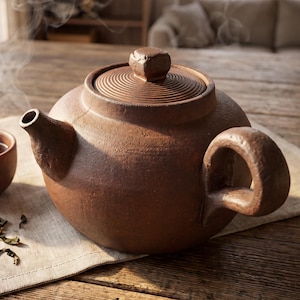Tetera de arcilla con asa / Tetera rústica de cerámica marrón / Juego de té chino Kung Fu apto para estufa / Cocina Wabi Sabi / Regalo para amantes del té