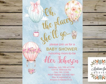 Digital Printable Oh The Places Shell Go Hot Air Balloons BABY SHOWER Invitation Pink /& Gold Girl Baby Shower Girl Baby Shower Invite