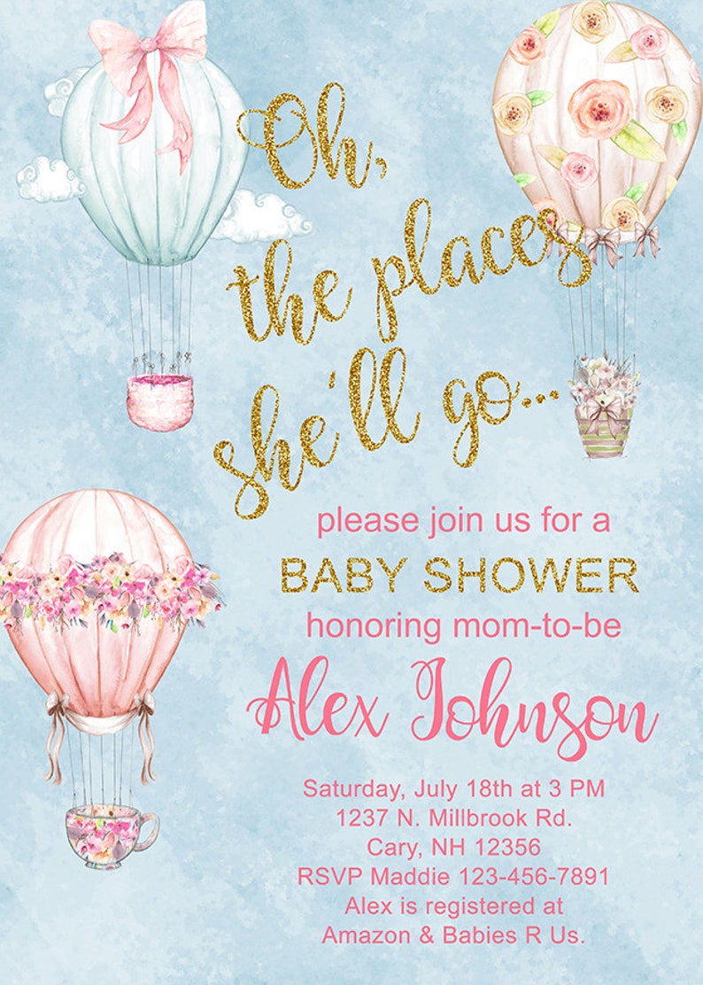 Digital Printable Oh The Places Shell Go Hot Air Balloons BABY SHOWER Invitation Pink /& Gold Girl Baby Shower Girl Baby Shower Invite