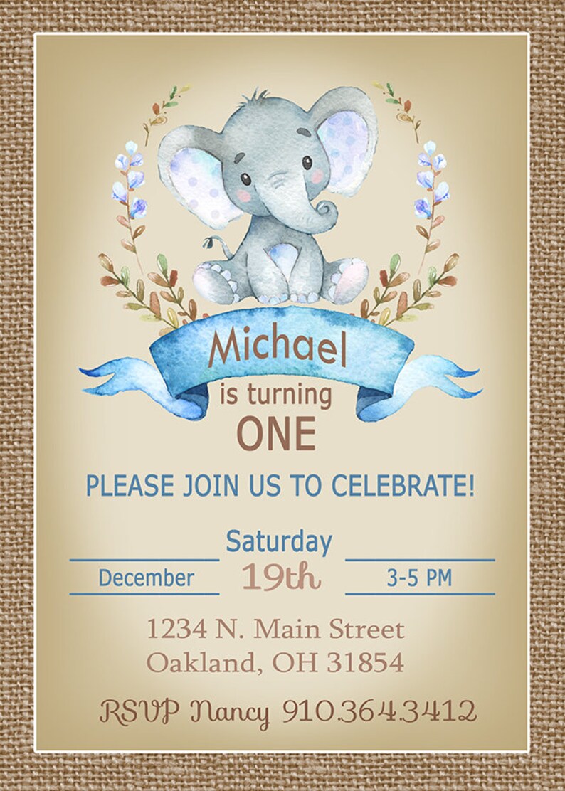 Cute Baby ELEPHANT BIRTHDAY Invitation Cute Baby Elephant Boy Invite Birthday Invite Customized Digital Invitation High Resolution