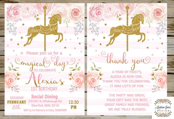 Rose Carte Invitation Anniversaire Carrousel Or Or Etsy