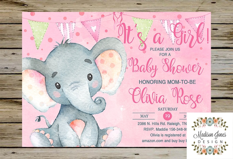 Baby Shower Fille Digital Imprimable Aquarelle Girl InvitationÉléphant InviterDe ÉléphantPersonnalisé Bébé Elephant F1TK3clJ