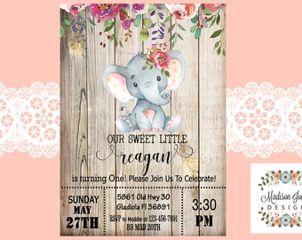 Cute Baby ELEPHANT BIRTHDAY Invitation - Birthday Invite - Customized Digital Invitation - High Resolution - Cute Baby Elephant Girl Invite