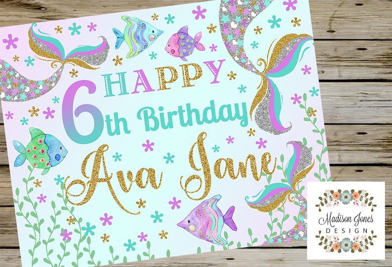 Mermaid Birthday 11x14 Girl Mermaid Cake Top Purple Lavender Turquoise Silver and Gold Glitter. 11x14 MERMAID BIRTHDAY Sign