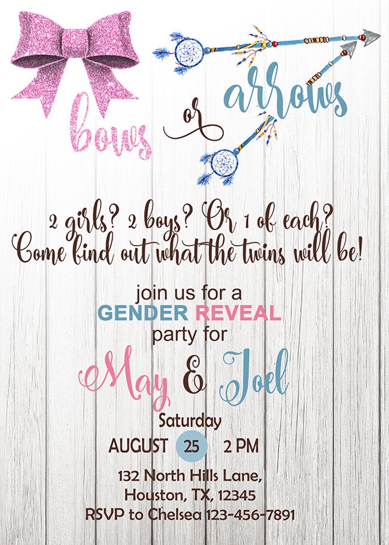 Bows or Arrows TWINS GENDER REVEAL Invitation Tribal Gender Etsy