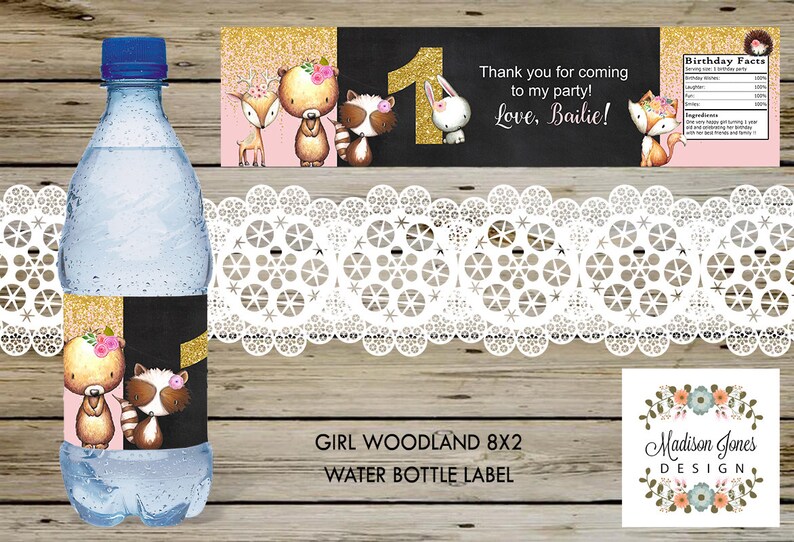 Pink /& Gold Girl WOODLAND 8x2 Birthday WATER BOTTLE Labels Girl Woodland Birthday Party Favors 8x2 Girl Woodland Water Bottle Labels
