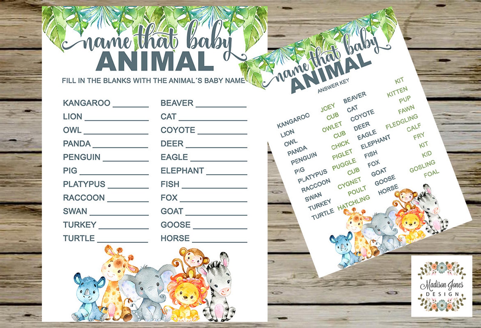 SAFARI Theme Name The Baby Animal Game Printable SAFARI Baby Etsy
